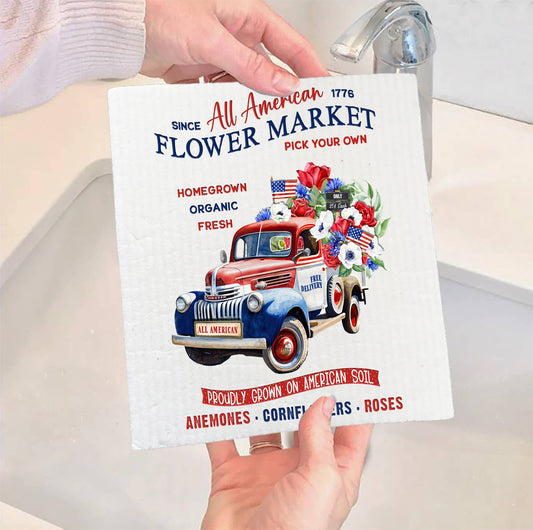 Set of 2 -  All American Patriotic Flower Truck Swedish Dish Cloth