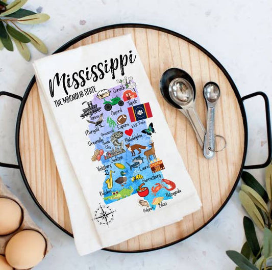 Mississippi State Map Souvenir Cotton Tea Towel