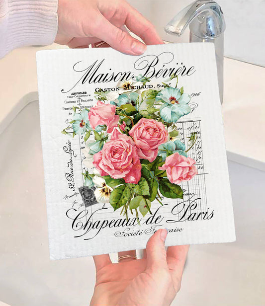 Set of 2 -  Vintage French Garden Roses Paris SWEDISH DISH CLOTH