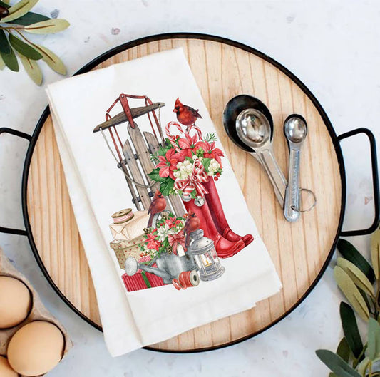 Christmas Sleigh Red Boots Cardinal Flour Sack Tea Towel