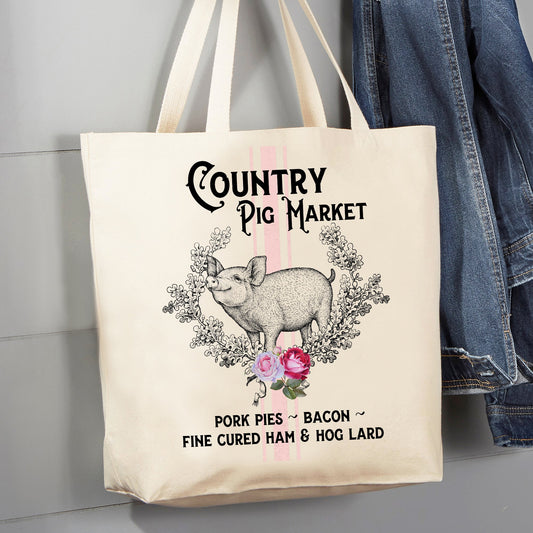 Vintage Country Pig Farmer Market 12 oz Canvas Tote Bag