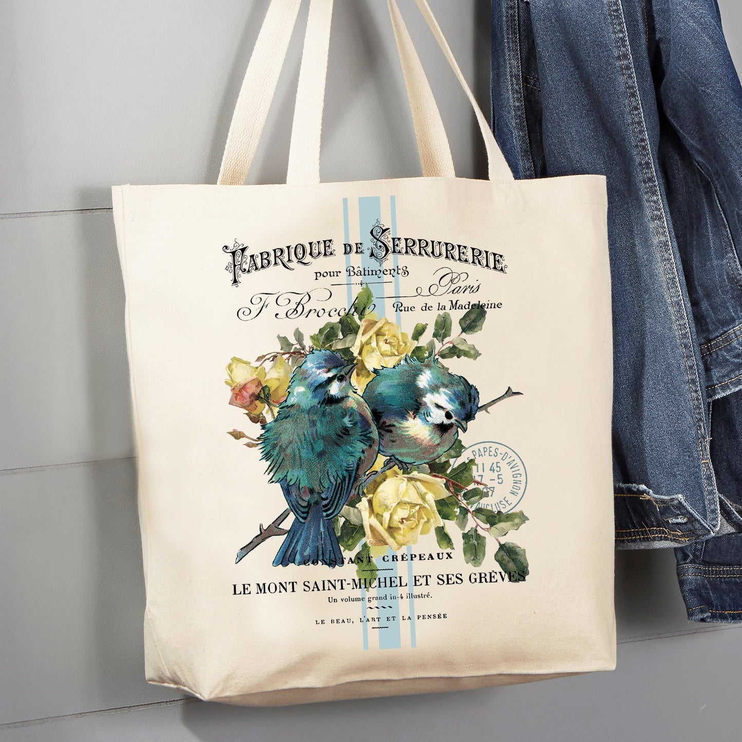 Vintage French Birds Roses  12 oz Canvas Tote Bag