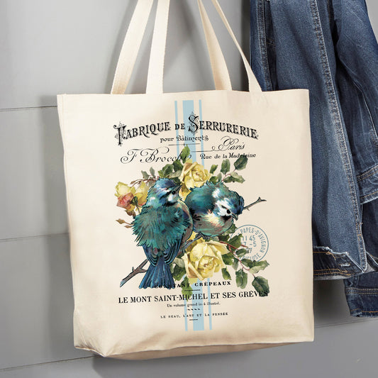 Vintage French Birds Roses  12 oz Canvas Tote Bag