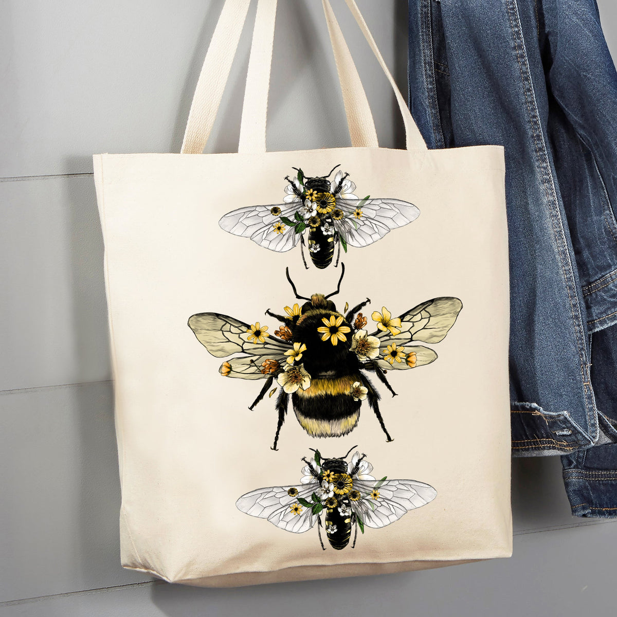 Vintage Bees Flowers Insect 12 oz  Canvas Tote Bag