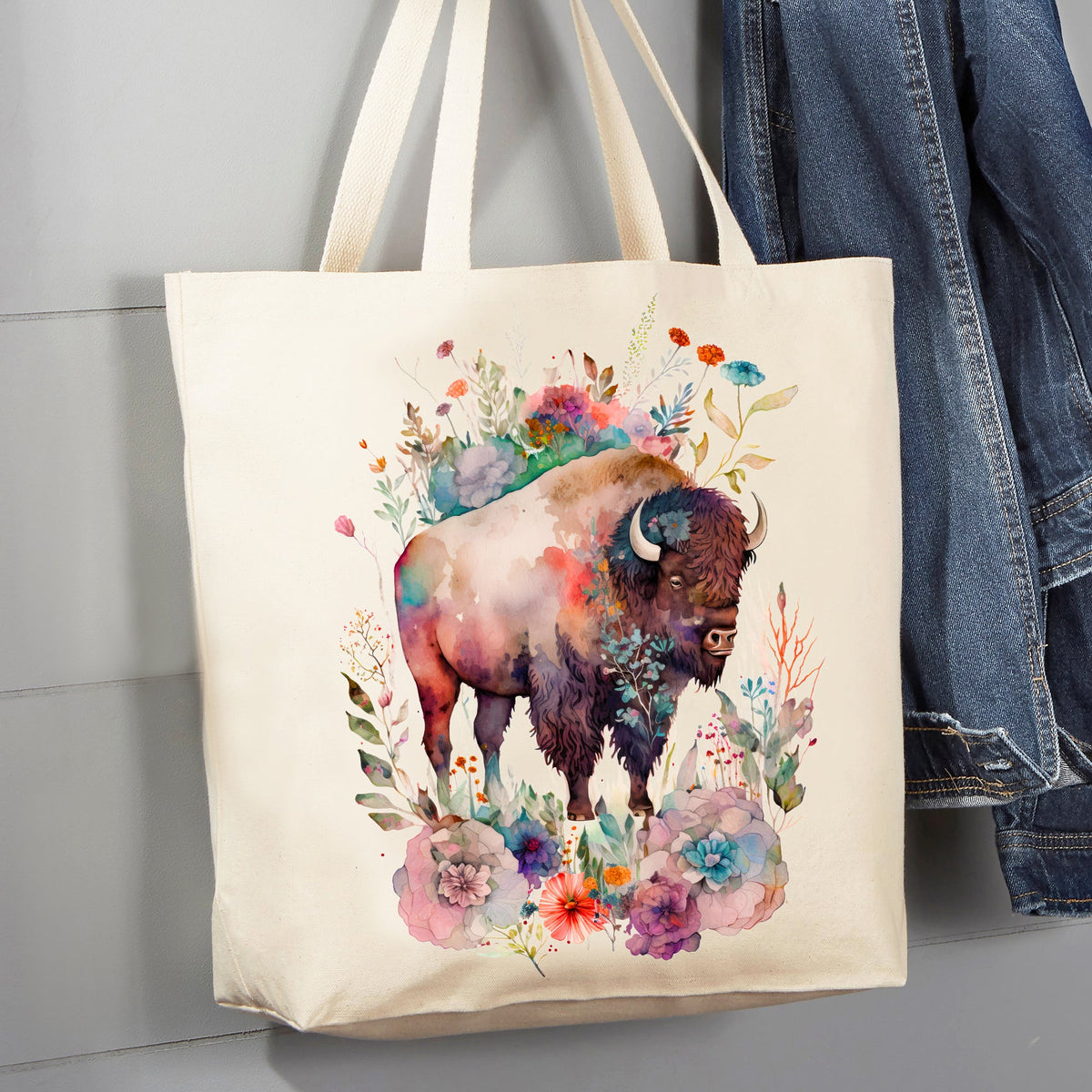 Western Buffalo Colorful Flowers  12 oz Canvas Tote Bag