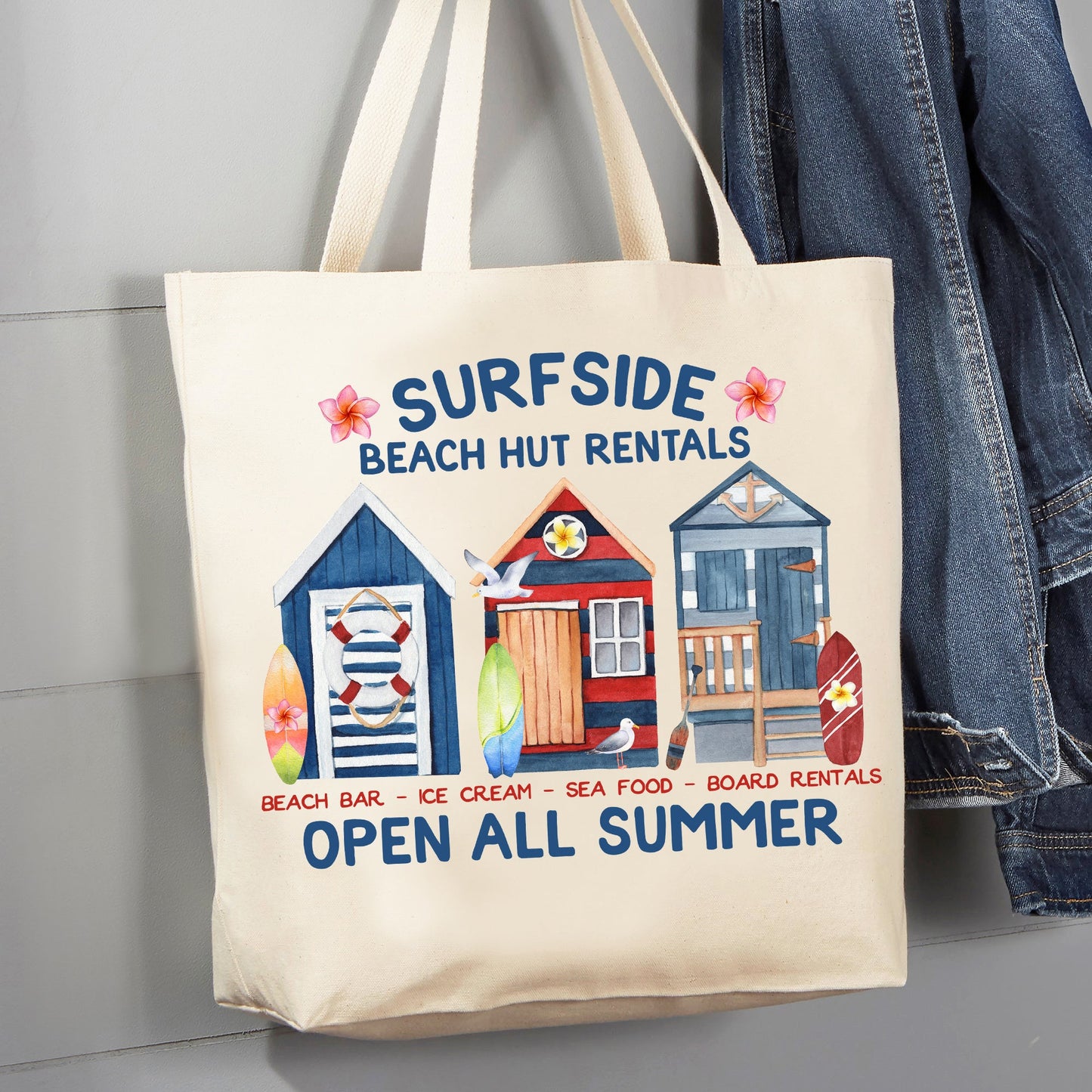 Surfside Beach Hut Summer Ocean 12 oz Canvas Tote Bag