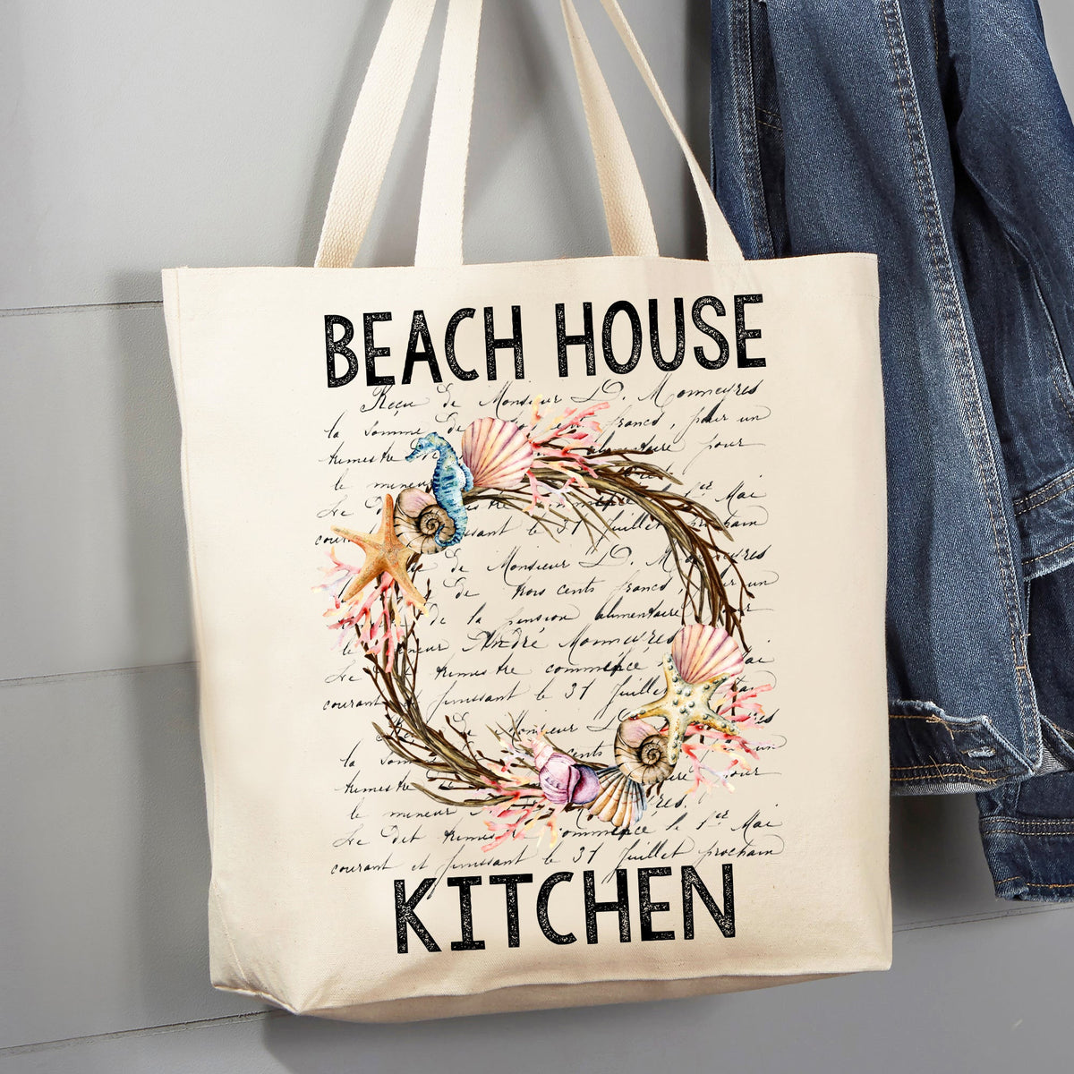 Beach House Kitchen Sea Shells Wreath Ocean 12 oz Canvas Tote Bag
