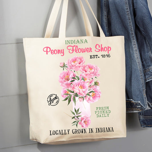 Indiana State Flower Peony Souvenir 12 oz Canvas Tote Bag