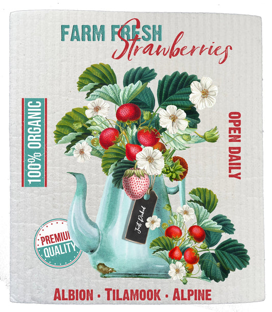 Set of 2 -  Farm Fresh Strawberries Farmers Market  SWEDISH DISH CLOTH