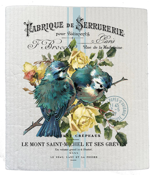 Set of 2 -  Vintage French Birds Roses Kitchen SWEDISH DISH CLOTH