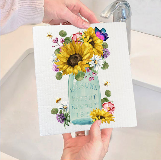 Set of 2 -  Country Mason Jar Sunflowers Swedish Dish Cloth