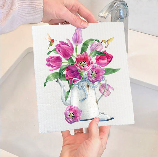Set of 2 -  Spring Garden Tulips Humingbirds Swedish Dish Cloth