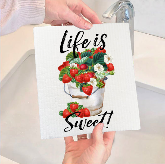 Set of 2 -  Life is Sweet Bucket of Strawberries Swedish Dish Cloth