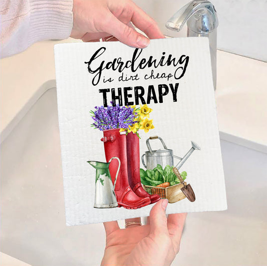 Set of 2 -  Gardening is dirt cheap Therapy Swedish Dish Cloth