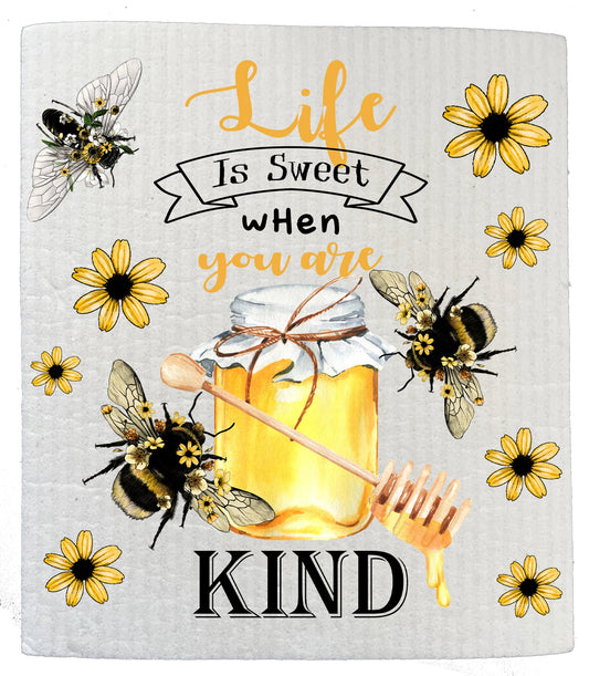 Set of 2 -  Life is Sweet When you are Kind Bees Honey Kitchen SWEDISH DISH CLOTHS