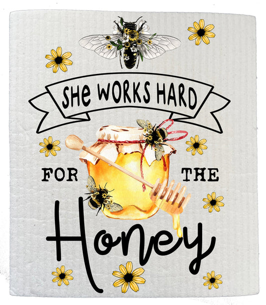 Set of 2 -  She Works Hard for the Honey Bees Kitchen SWEDISH DISH CLOTHS