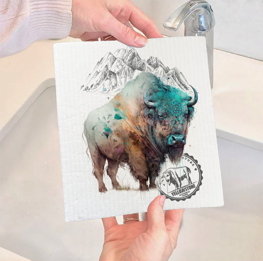 Set of 2 -  Western Buffalo Turquoise Yellowstone Kitchen Swedish Dish Cloth
