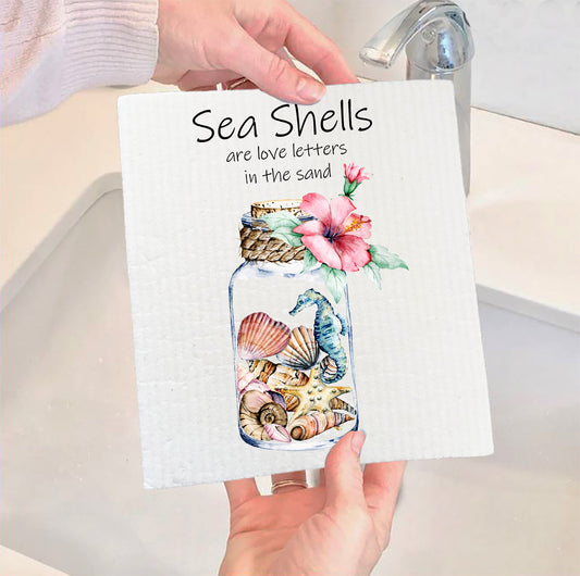Set of 2 -  Sea Shells are a Love Letter  SWEDISH DISH CLOTH