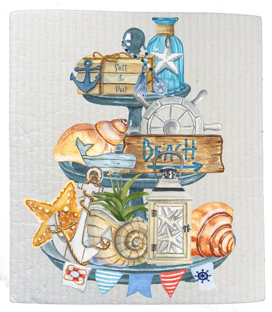 Set of 2 -  Beach Ocean Sea Shells 3 Tier Tray SWEDISH DISH CLOTH
