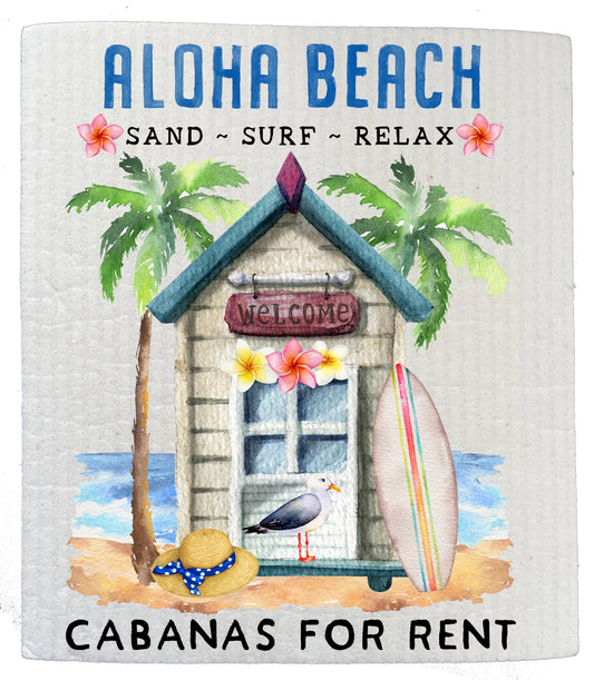 Set of 2 -  Aloha Beach Cabanas Ocean SWEDISH DISH CLOTH