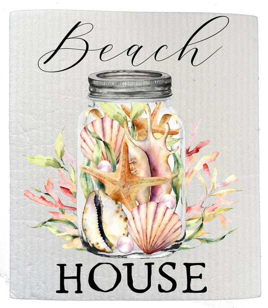 Set of 2 -  Beach House Mason Jar Sea Shells Ocean SWEDISH DISH CLOTH