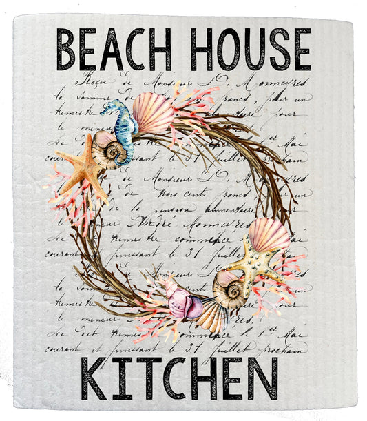 Set of 2 -  Beach House Kitchen Sea Shells Wreath Ocean SWEDISH DISH CLOTH
