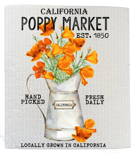 Set of 2 -  California State Flower Poppy Souvenir Kitchen SWEDISH DISH CLOTH