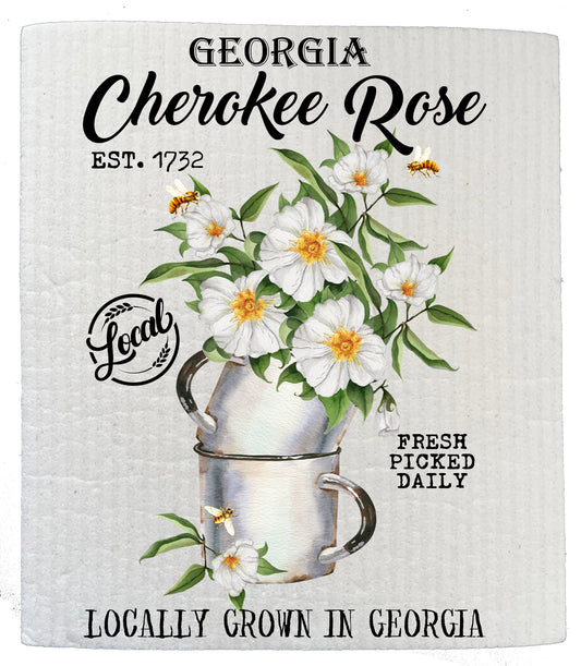 Set of 2 -  Georgia State Flower Cherokee Rose Souvenir Kitchen SWEDISH DISH CLOTH