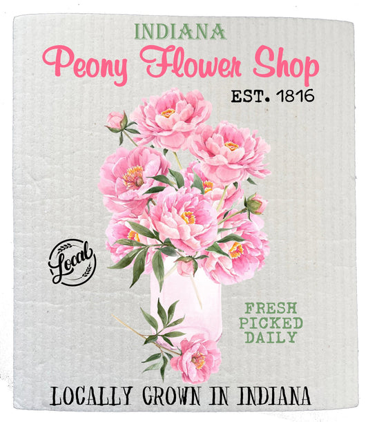 Set of 2 -  Indiana State Flower Peony Souvenir Kitchen SWEDISH DISH CLOTH