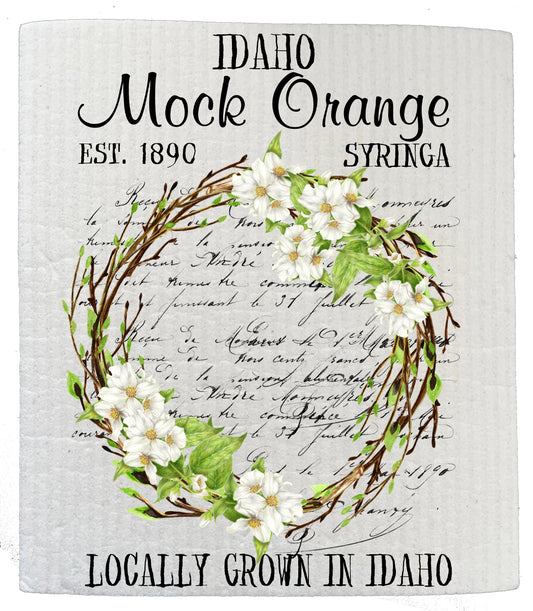 Set of 2 -  Idaho State Flower Mock Orange Syringa Souvenir Kitchen SWEDISH DISH CLOTH