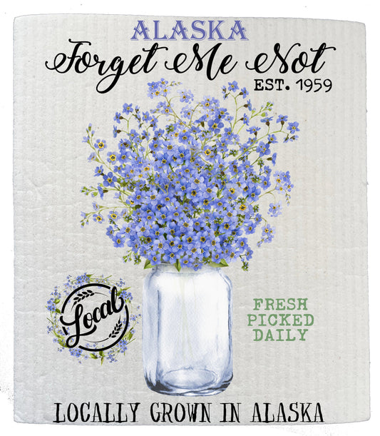 Set of 2 -  Alaska State Flower Forget Me Not Souvenir Kitchen SWEDISH DISH CLOTH