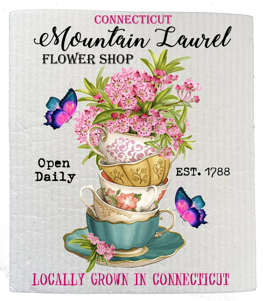 Set of 2 -  Connecticut State Flower Mountain Laurel Souvenir Kitchen SWEDISH DISH CLOTH