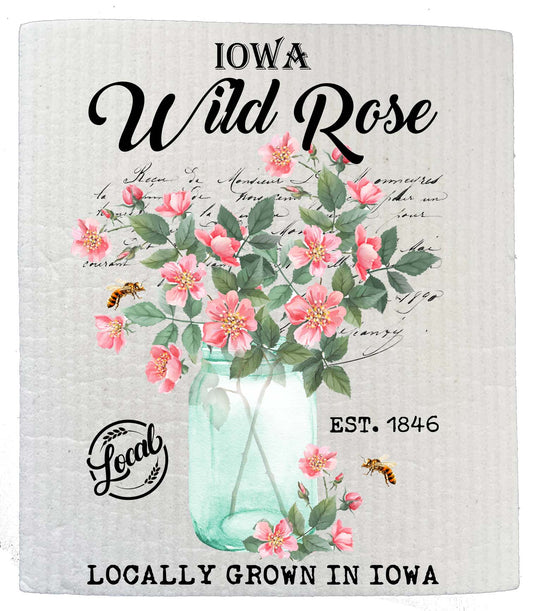 Set of 2 -  Iowa State Flower Wild Rose Souvenir Kitchen SWEDISH DISH CLOTH
