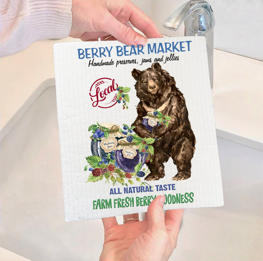 Set of 2 -  Berry bear Market Jams and Jellies  Swedish Dish Cloth