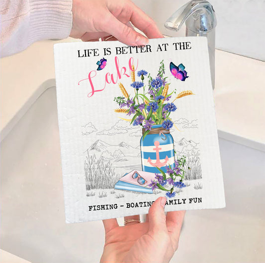 Set of 2 -  Life is Better at the Lake Flowers  Swedish Dish Cloth