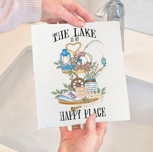 Set of 2 -  The Lake is My Happy Place  Swedish Dish Cloth