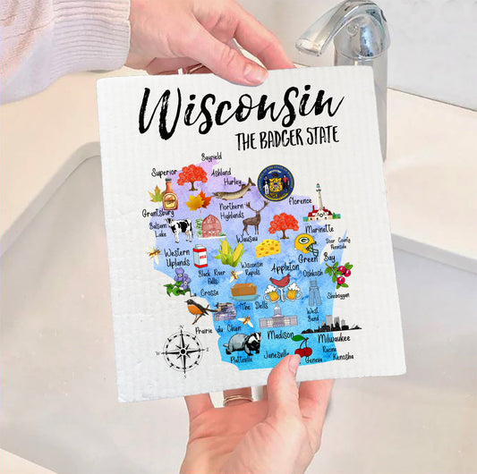 Set of 2 -  Wisconsin State Map Souvenir SWEDISH DISH CLOTH