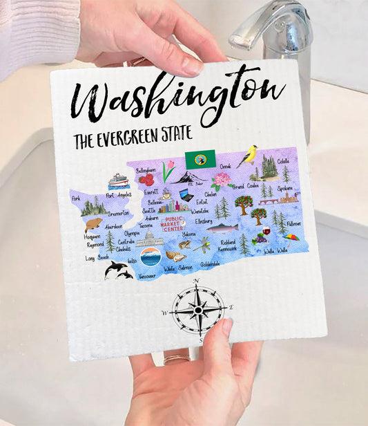 Set of 2 -  Washington State Map State Map Souvenir SWEDISH DISH CLOTH