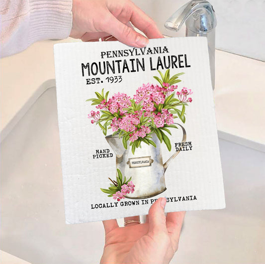 Set of 2 -  Pennsylvania State Flower Mountain Laurel Souvenir Kitchen SWEDISH DISH CLOTH