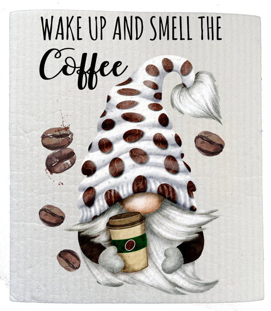 Set of 2 -  Gnome Wake Up and Smell the Coffee Kitchen SWEDISH DISH CLOTH