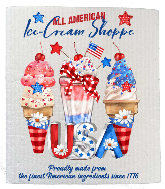 Set of 2 -  All American Ice Cream Patriotic USA SWEDISH DISH CLOTH