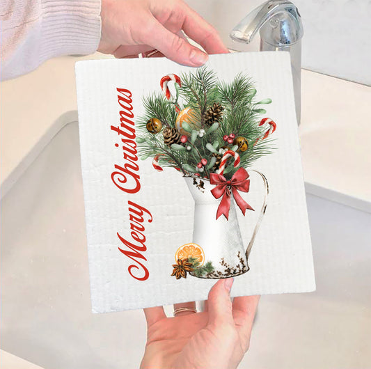Set of 2 -  Rustic Merry Christmas Cotton SWEDISH DISH CLOTH