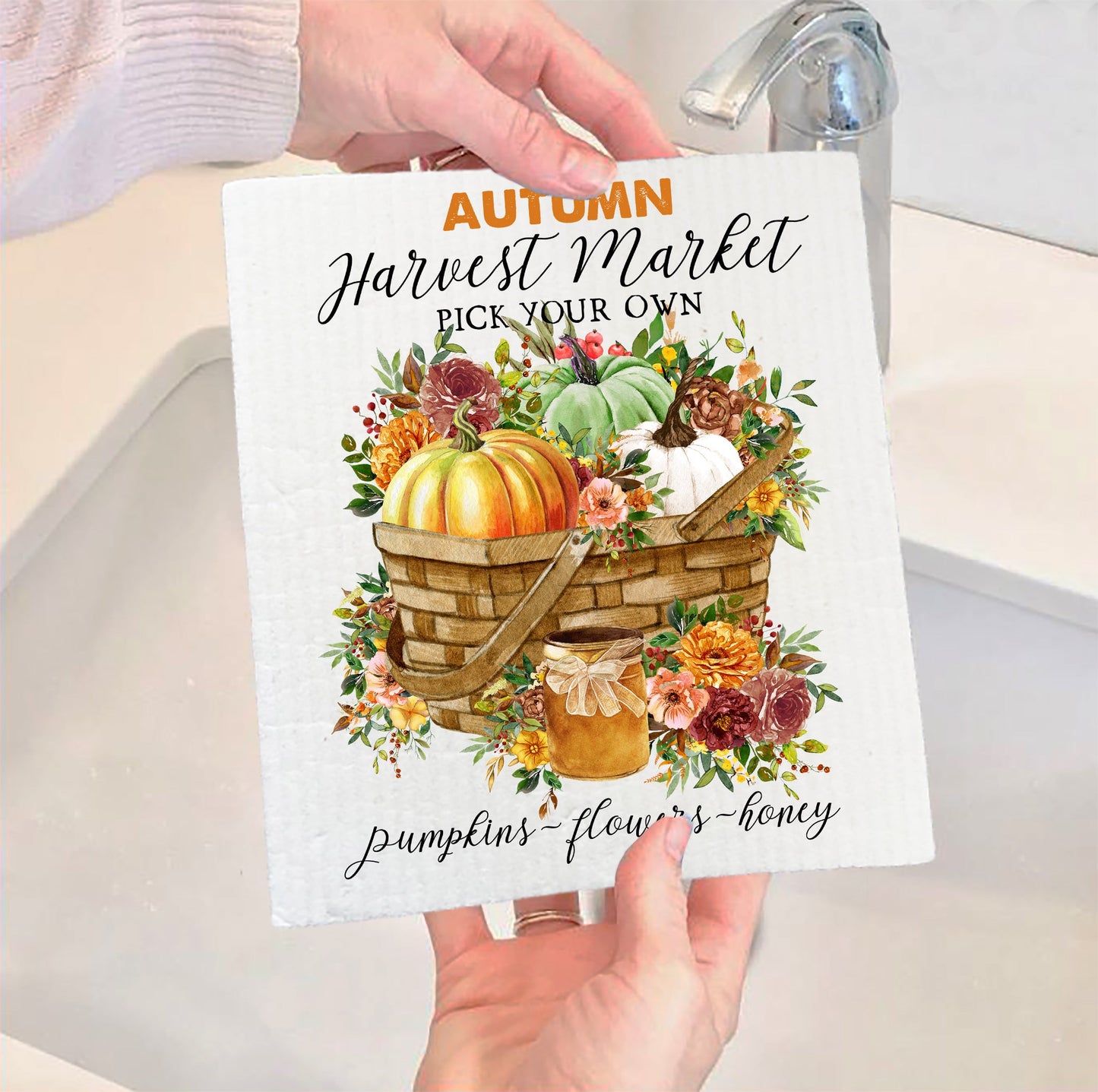 Set of 2 -  Fall Autumn Harvest Market Pumpkin Kitchen SWEDISH DISH CLOTH