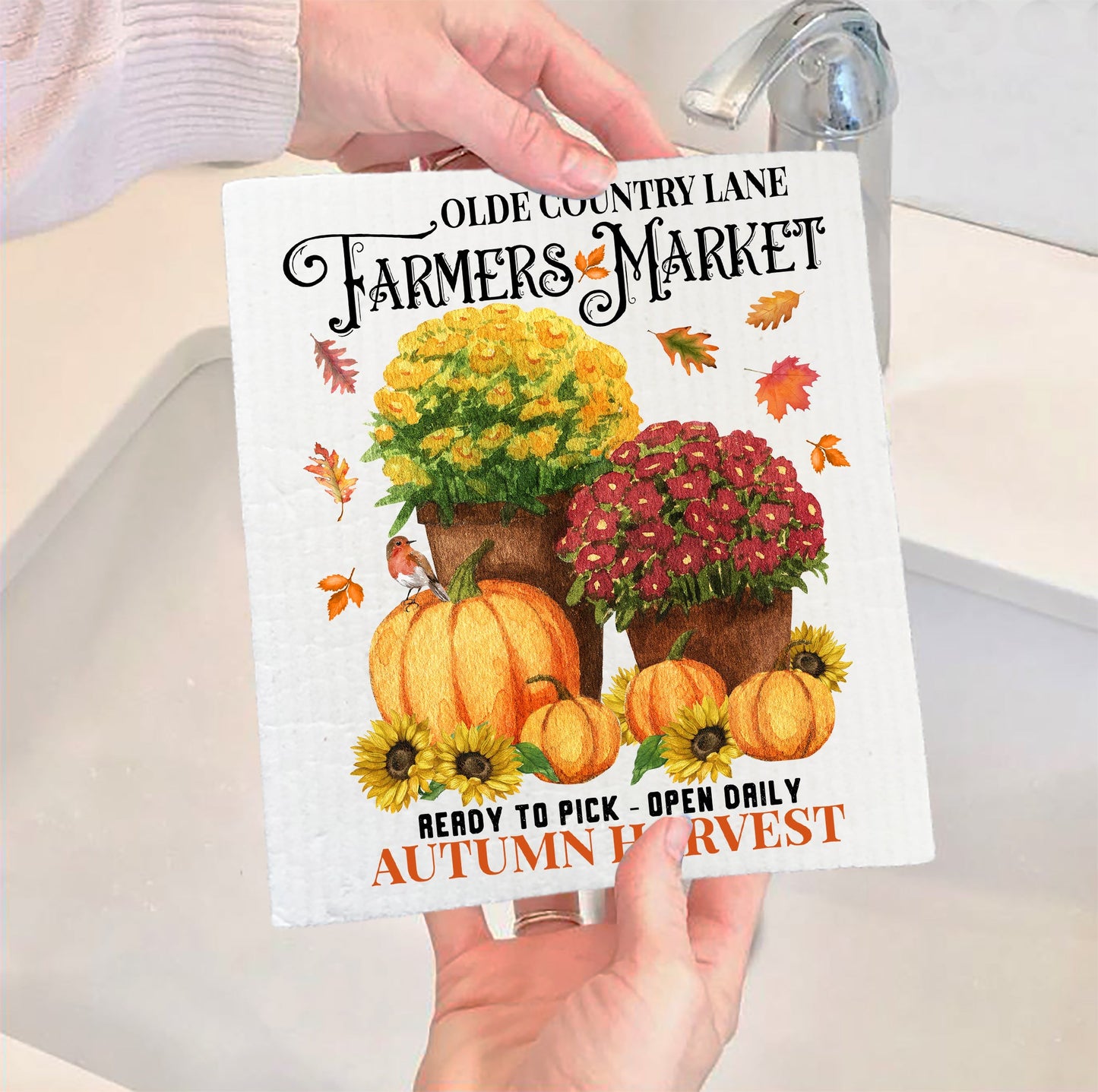 Set of 2 -  Fall Autumn Pumpkin & Mums Kitchen SWEDISH DISH CLOTH