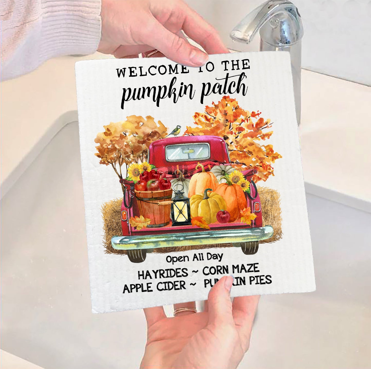 Set of 2 -  Fall Autumn Pumpkin Pick Up Truck Kitchen SWEDISH DISH CLOTH