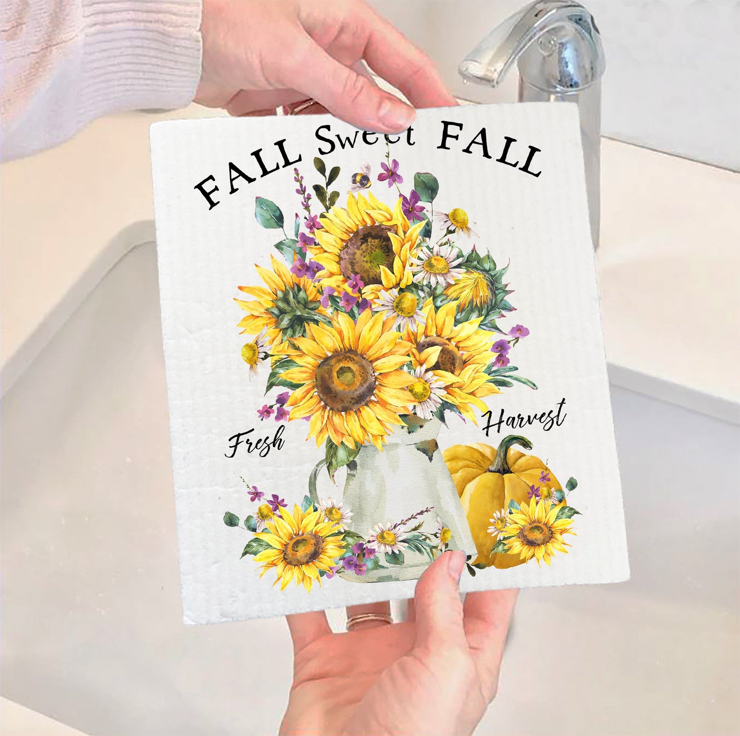 Set of 2 -  Sweet Fall Autumn Pumpkin Sunflowers Kitchen SWEDISH DISH CLOTH