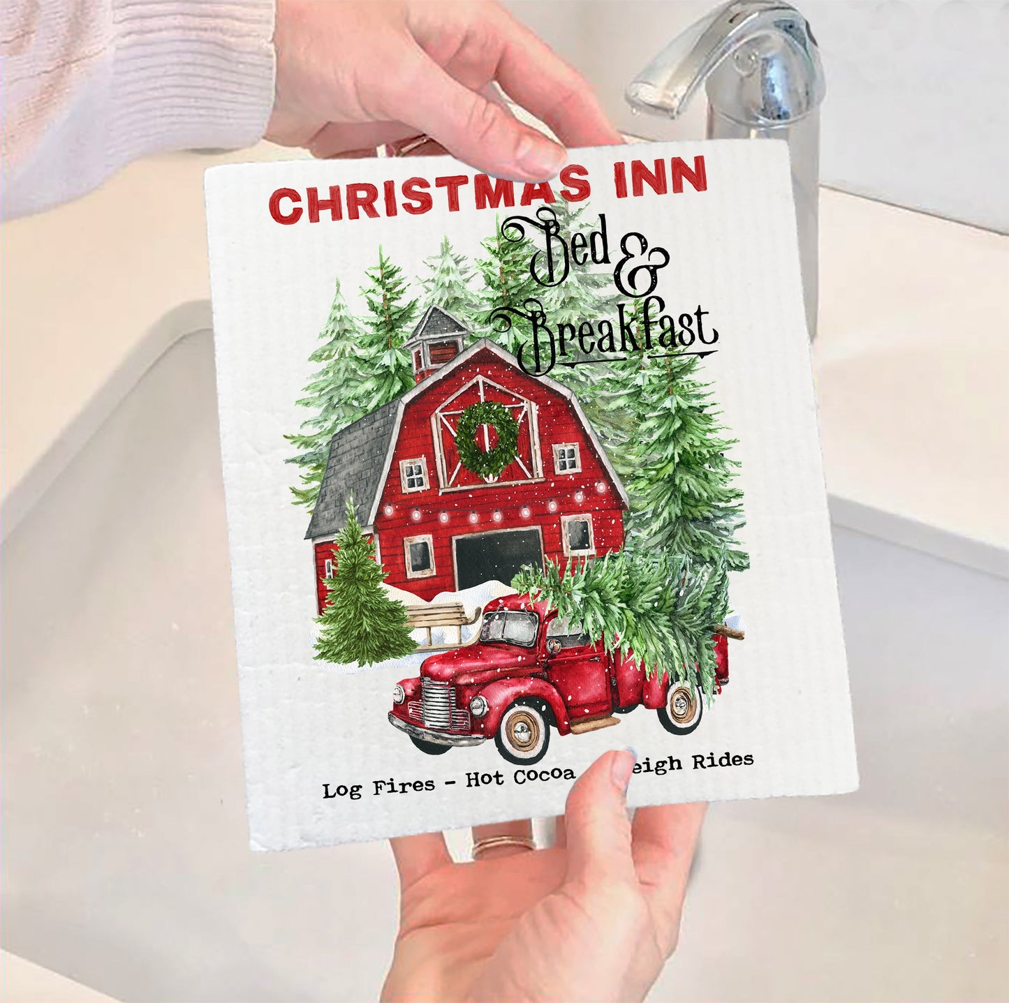 Set of 2 -  Christmas Inn Red Barn Pick Up Truck SWEDISH DISH CLOTH