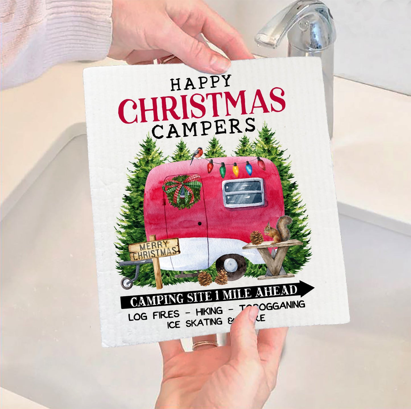 Set of 2 -  Happy Christmas Camper Trailer SWEDISH DISH CLOTH