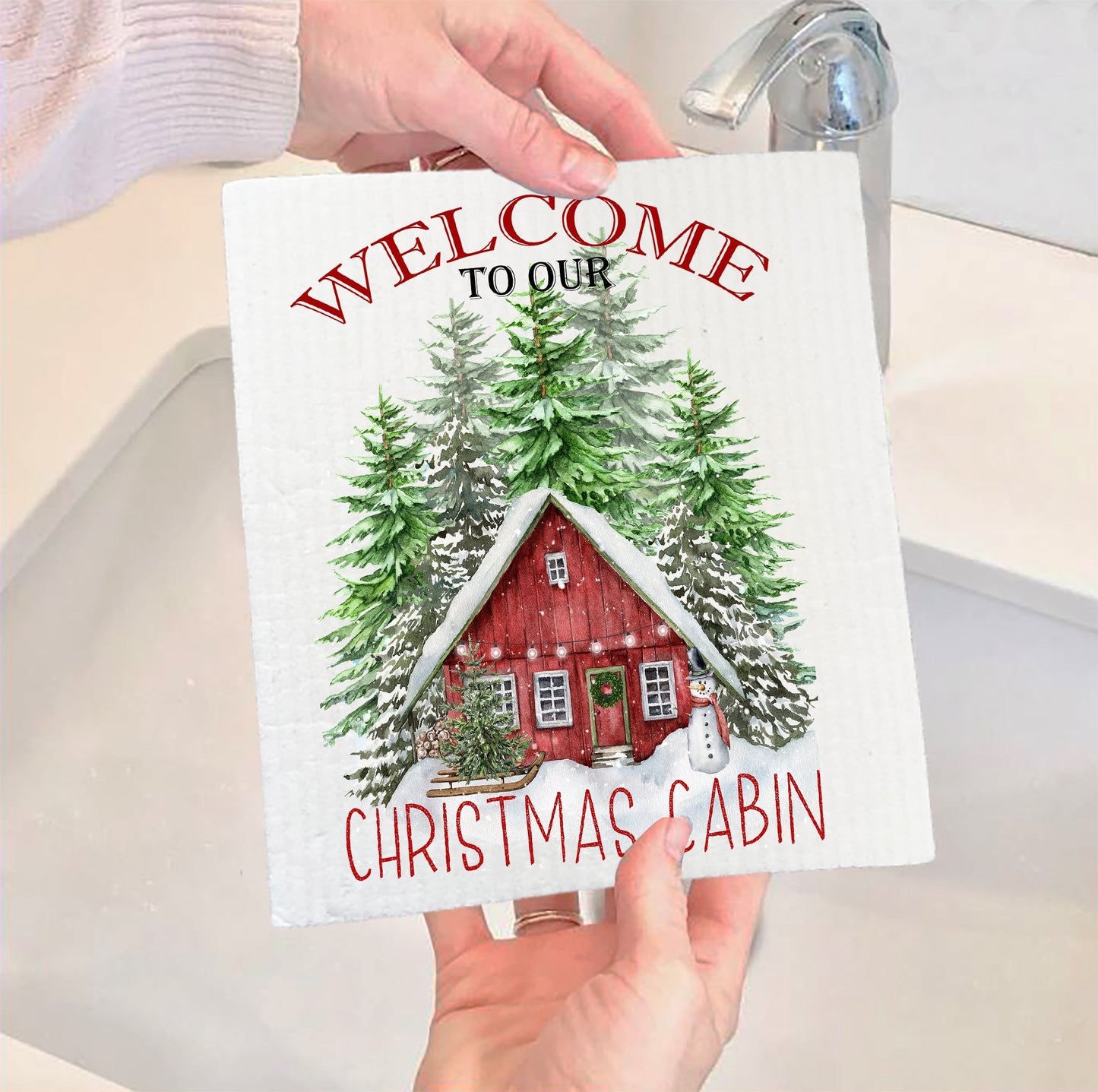 Set of 2 -  Christmas Welcome to our Cabin SWEDISH DISH CLOTH
