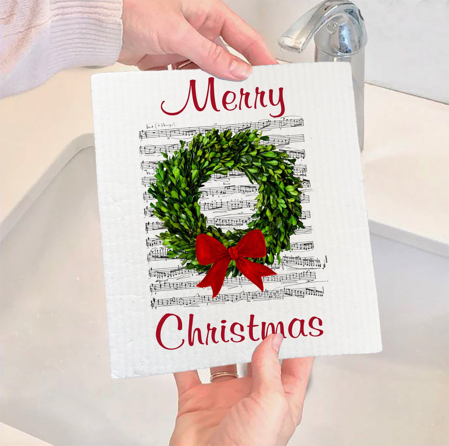 Set of 2 -  Merry Christmas Boxwood Wreath SWEDISH DISH CLOTHS